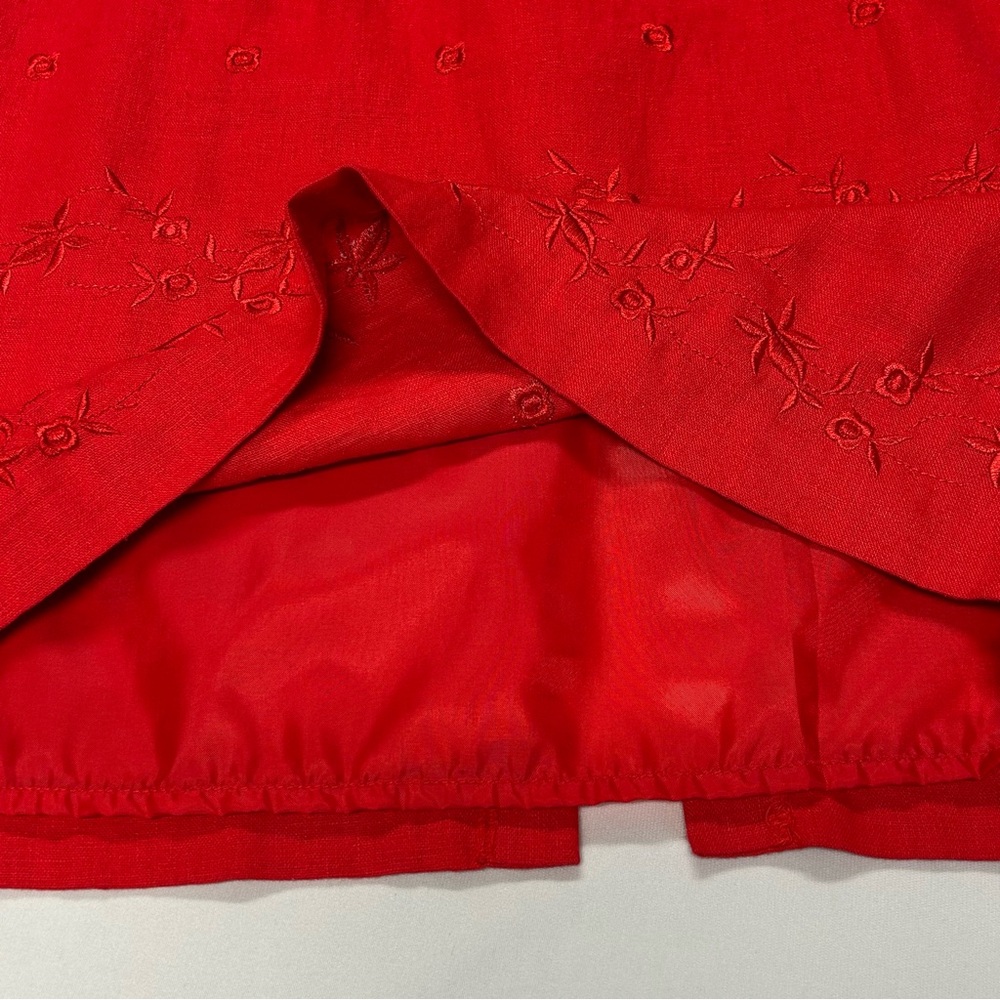 Vintage Linen Blend Midi Dress Sz 12 Sleeveless Floral Embroidery Romantic Red - Picture 6 of 11